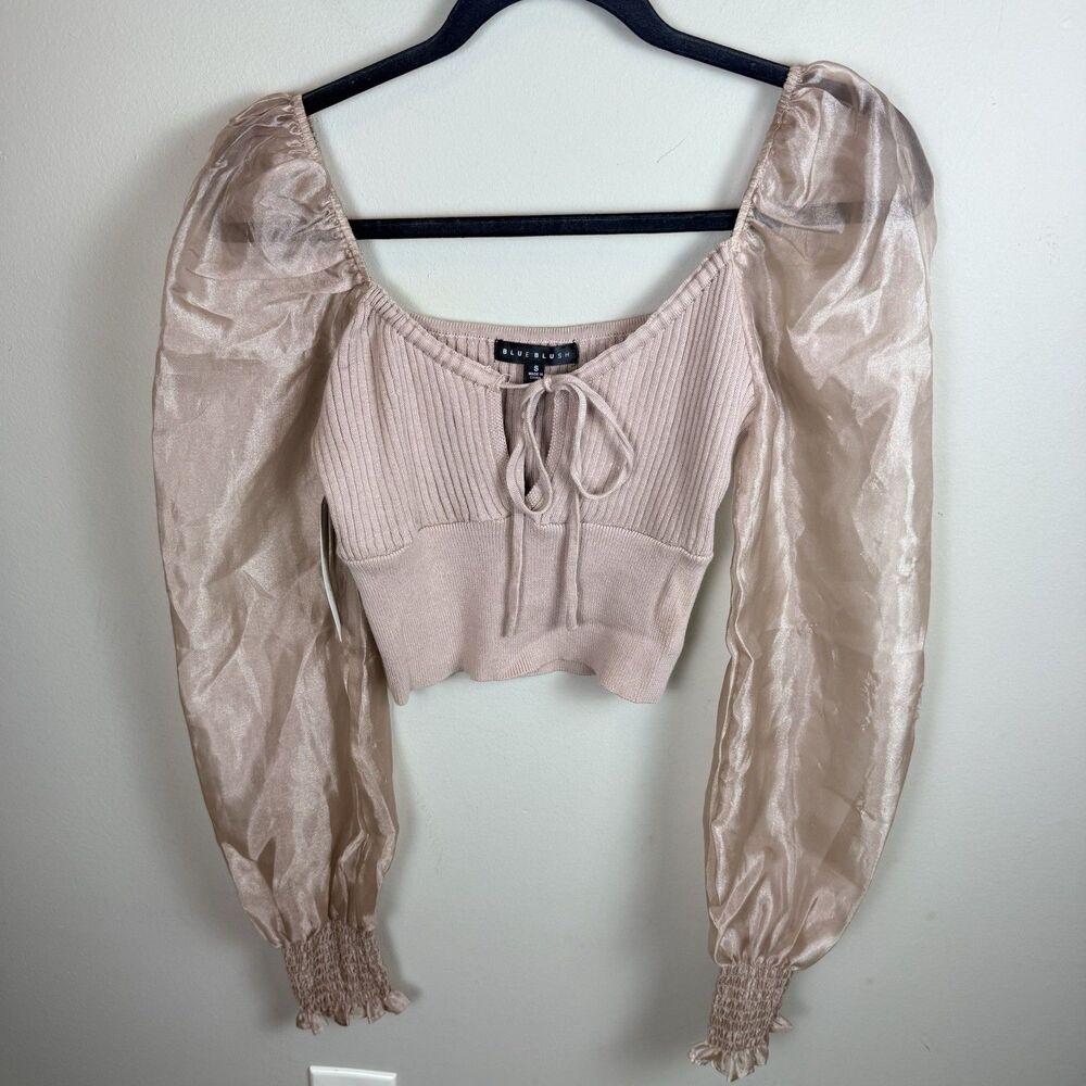 Blue Blush Sweater Puff Organza Sleeve Mesh Pink Beige Tie Fairy Cottage Small